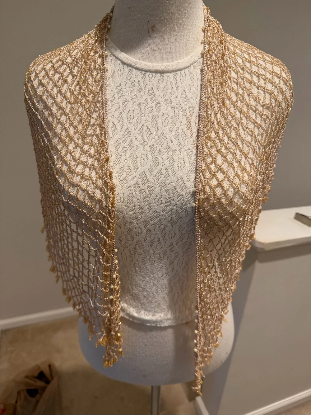 Tan  Mesh Beaded Crochet Fringe Poncho/Shawl/Scarf. Cover Up. Tassels.